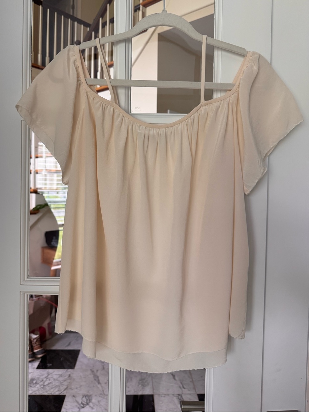 Trina Turk Silk Chiffon Top S Cream Ecru Sheer Flutter Sleeve Ethereal Babydoll